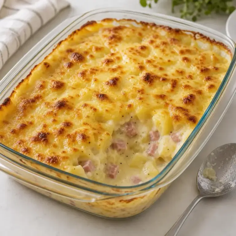 Kartoffelgratin mit Schinkenwürfeln und Emmental – so gelingt’s knusprig!